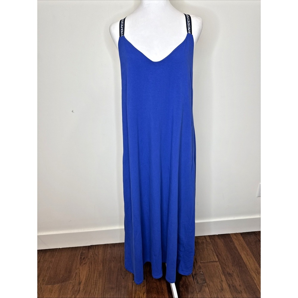 SAINT + SOFIA Midi Maxi Dress Long Tank Built in Bra US 10 Organic Stretch Blue